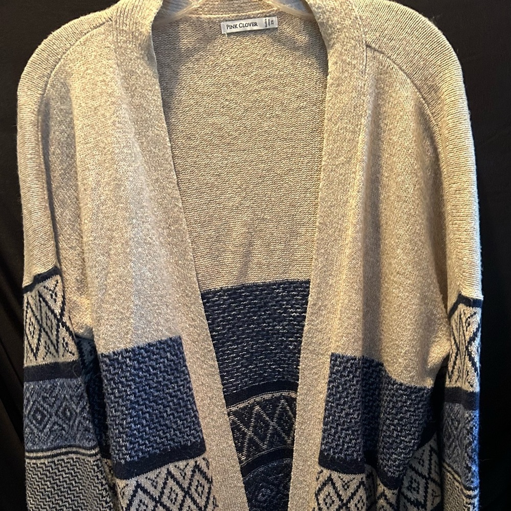 Pink Clover Blue and Beige Patterned Open Front Cardigan